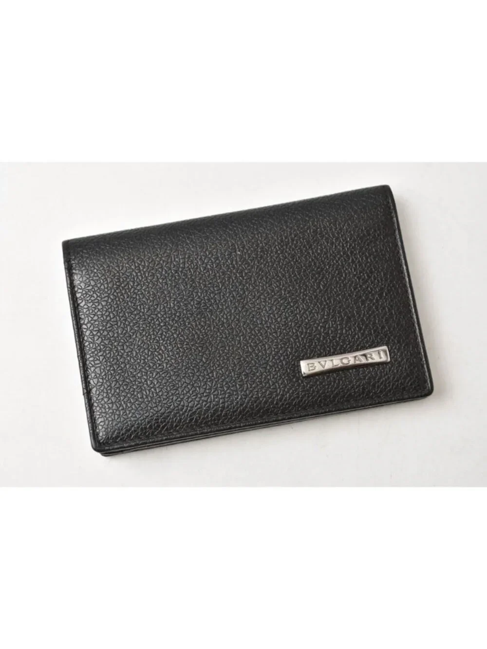 Bvlgari Card Case Business Logo Plate Leather Black Silver